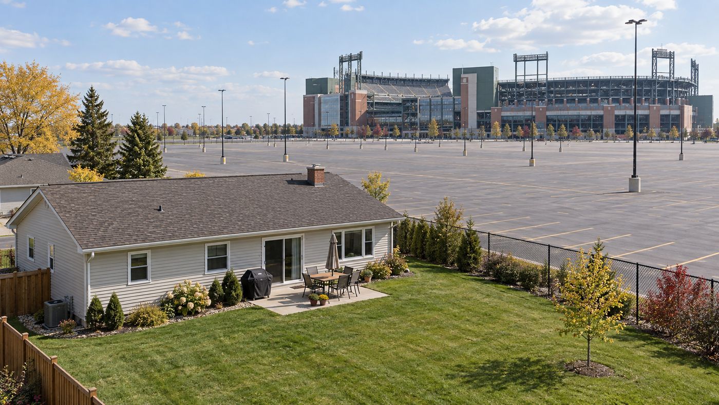 Small ranch home backing up to the Lambeau Field parking lot in Green Bay, Wisconsin