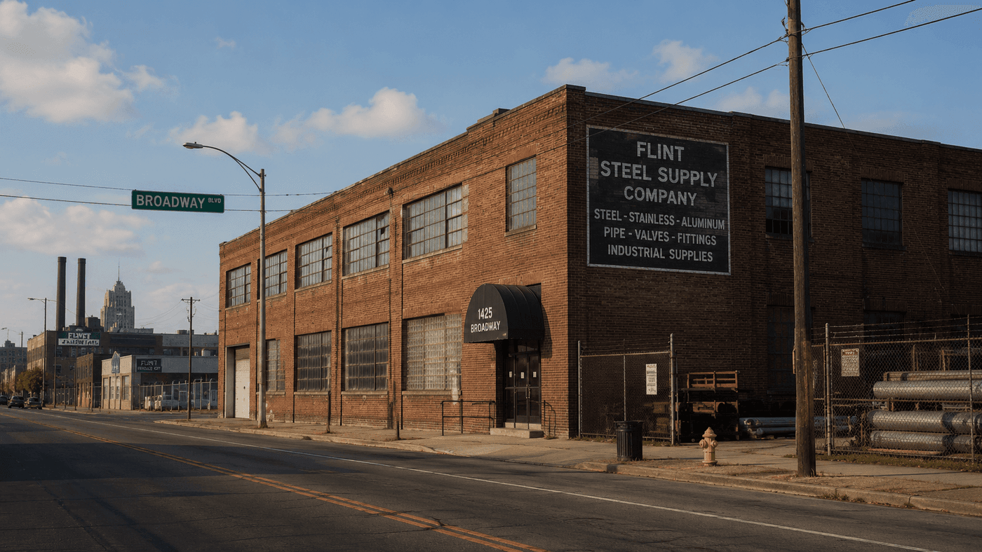 A brick industrial building on Broadway Boulevard in Flint, Michigan, in the city's industrial corridor near Downtown Flint.