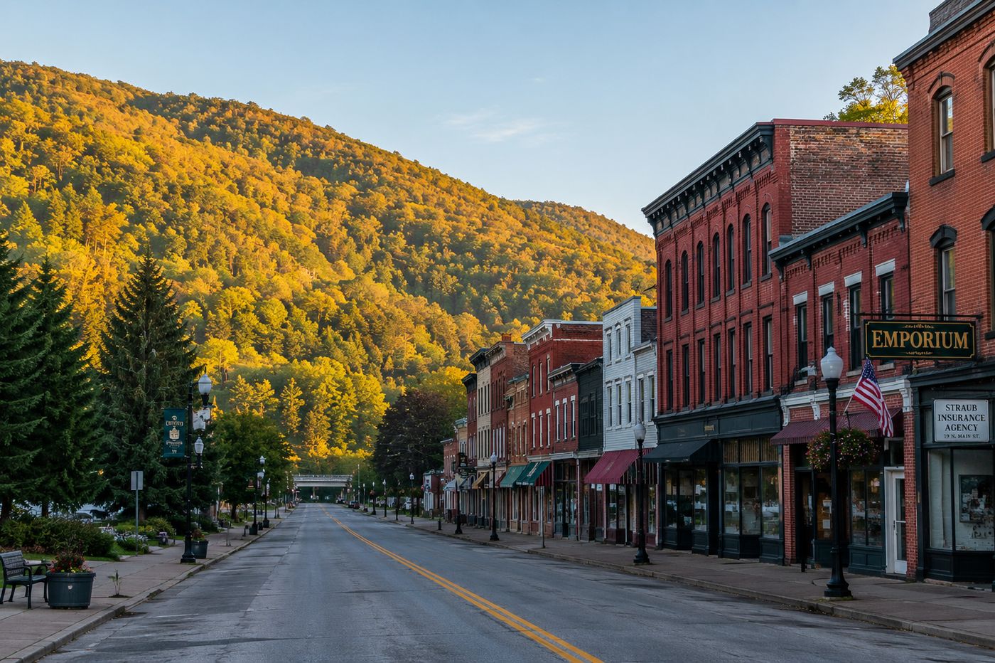 A quiet small town street in Emporium, Pennsylvania, surrounded by forested hills in Cameron County