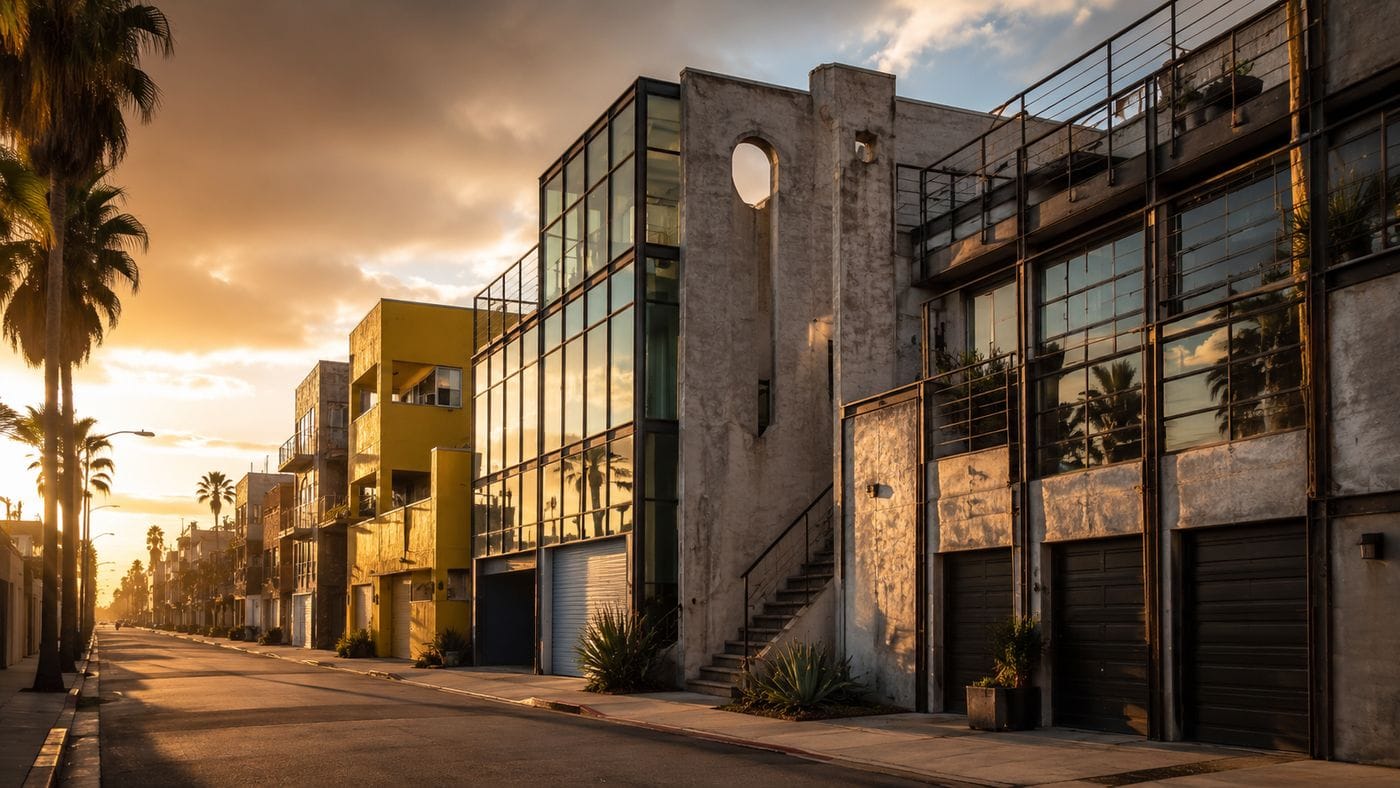 The canals and beachside streets of Venice, California near Abbot Kinney Boulevard