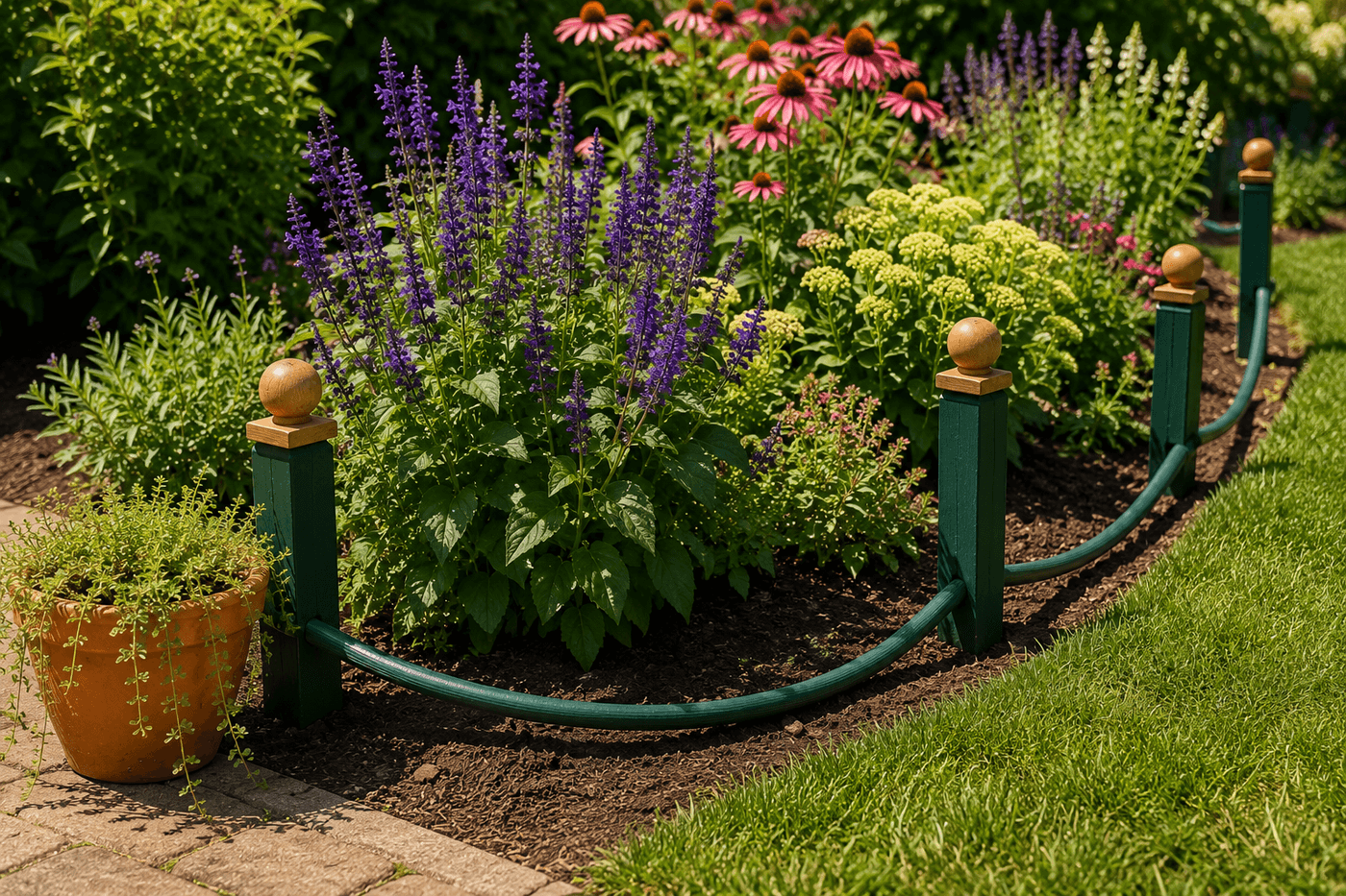 Set of four wooden hose guide stakes with decorative ball finials at garden bed corners, showing a garden hose resting against the smooth post surface and redirected away from the planted bed edge rather than crushing plants