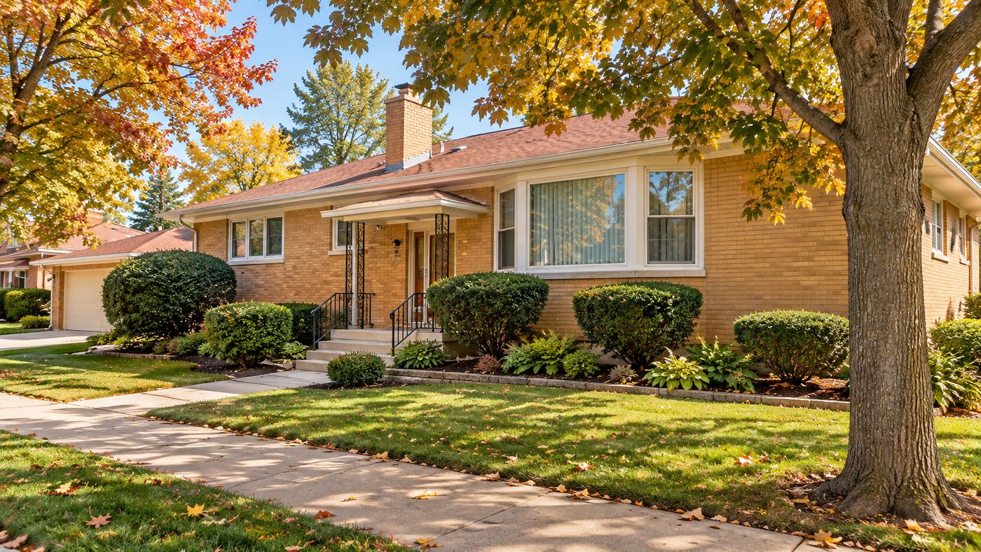 Mid-century all-brick ranch home exterior in Hillside, Illinois with a basement decorated like a 1950s diner
