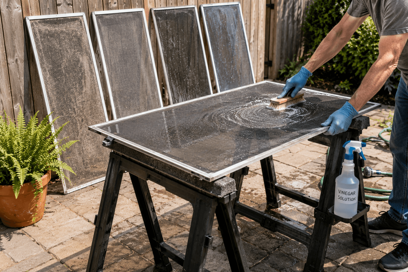 Window screen laid flat across a patio table being scrubbed with a soft bristle brush and vinegar solution, with a spray bottle and garden hose nearby and a stack of clean screens leaning against a fence in the background