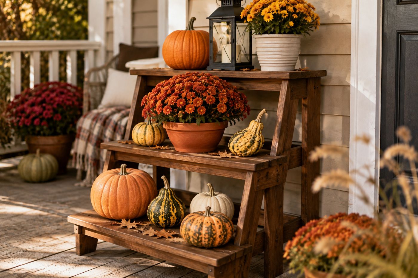 A three-tiered wooden display stand on a porch, holding pumpkins, gourds, and potted mums in a layered autumn arrangement