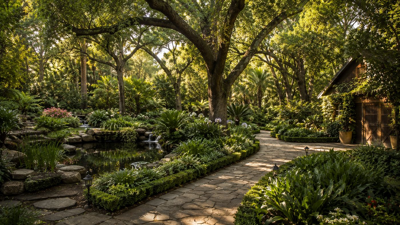 Lush, gated estate grounds in Encino, California with mature oak trees, ponds, and garden paths