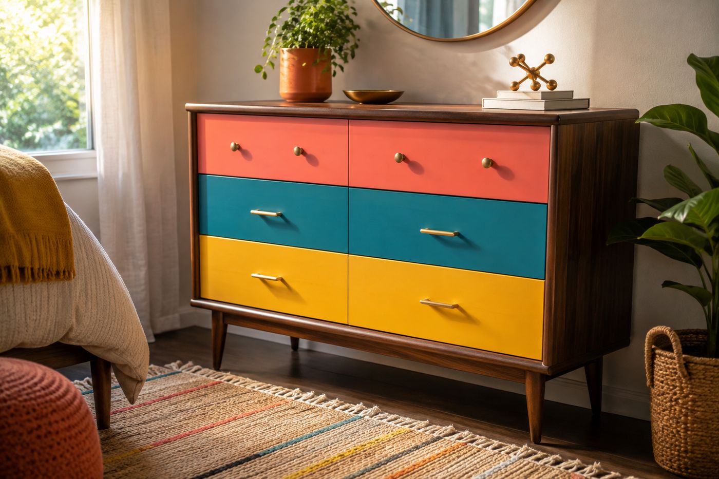 A thrifted dresser transformed with bold color-blocked drawers in hot coral, electric teal, and sunny yellow, fitted with brass hardware