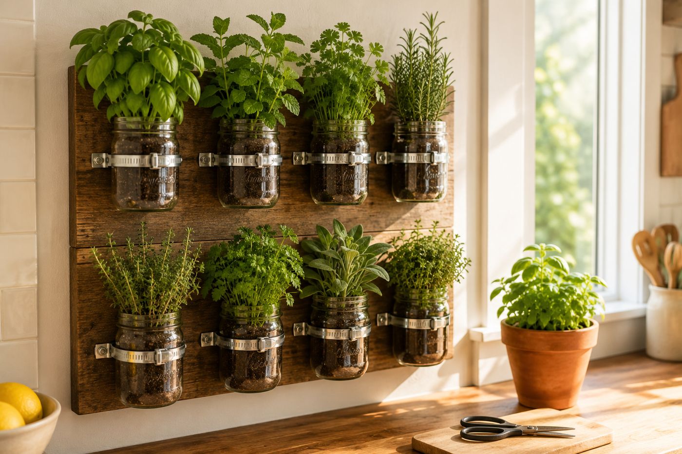 A wall-mounted wooden board with glass jars secured by hose clamps, each planted with fresh herbs like basil, mint, and thyme