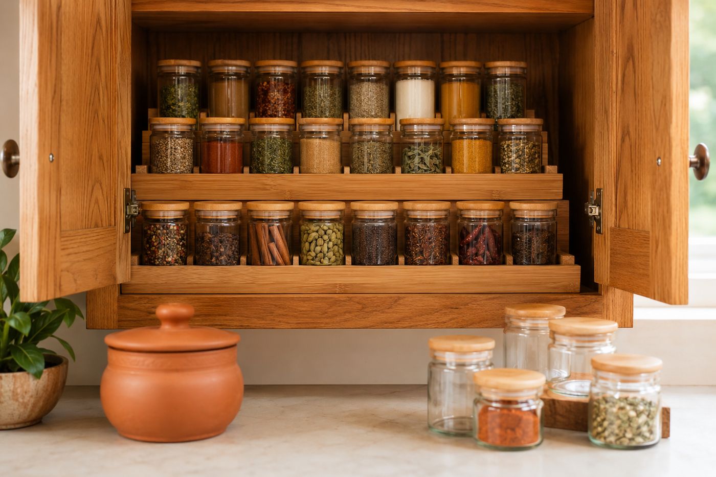Organized spice cabinet with tiered bamboo shelf risers displaying labeled jars sorted by category