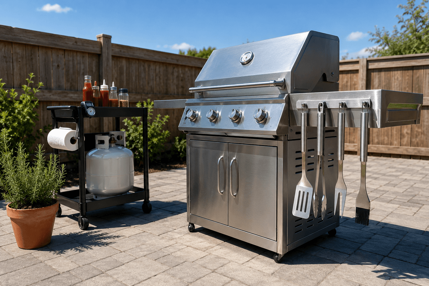 Clean organized outdoor grilling station with a gas grill, magnetic tool strip holding matching grilling tools within reach, a small rolling cart with spices and sauce bottles beside the grill, and a propane tank visible on a dedicated lower shelf