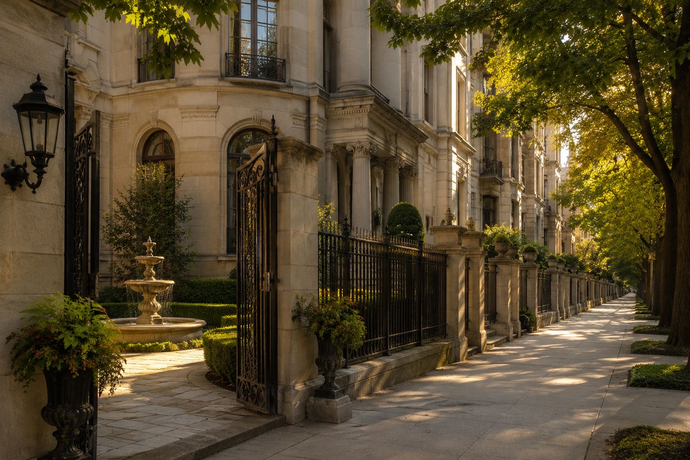 A grand historic Gold Coast mansion street in Chicago, Illinois