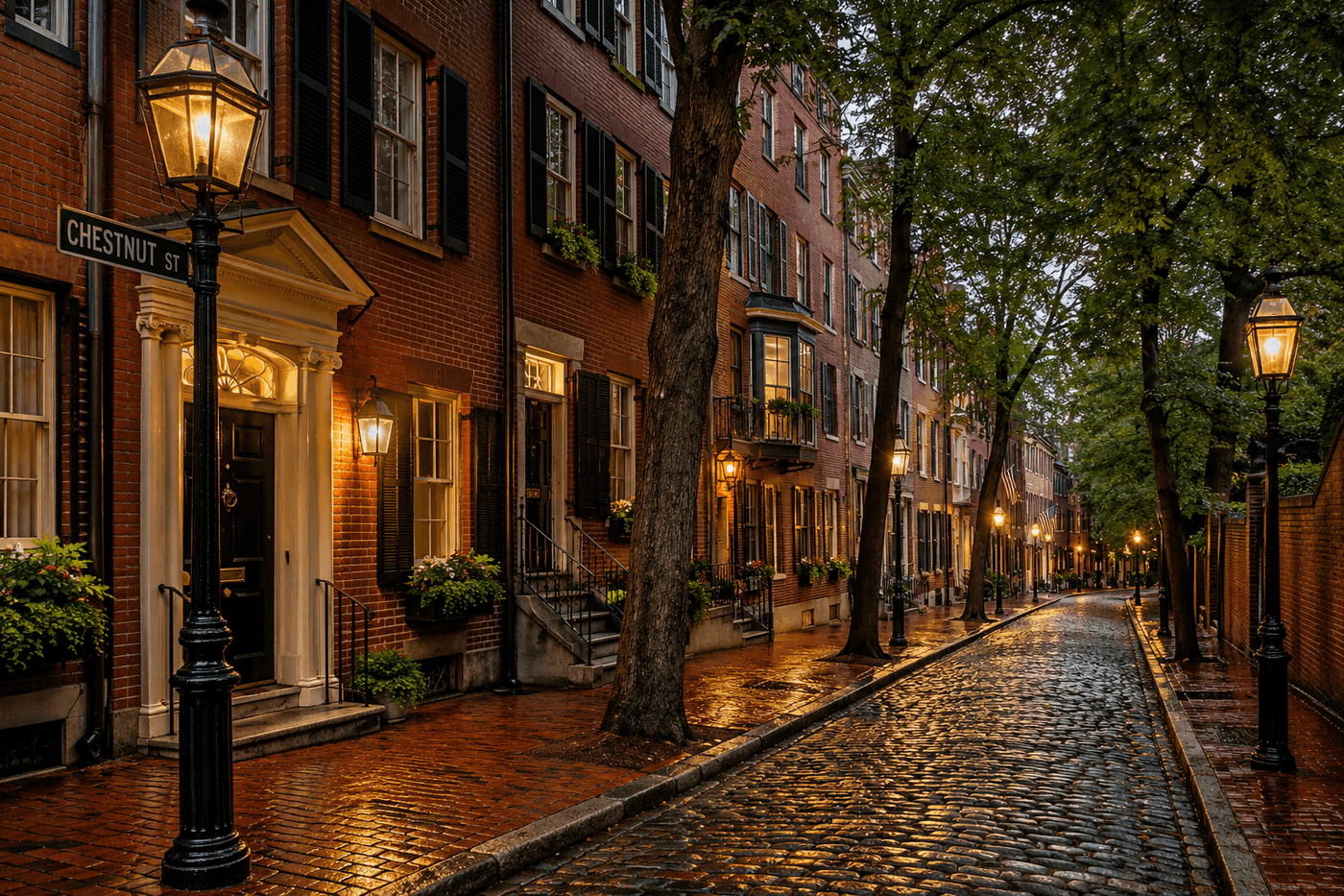 The gaslit brick sidewalks of Chestnut Street on Beacon Hill in Boston, with Federal-style rowhouses and mature street trees.