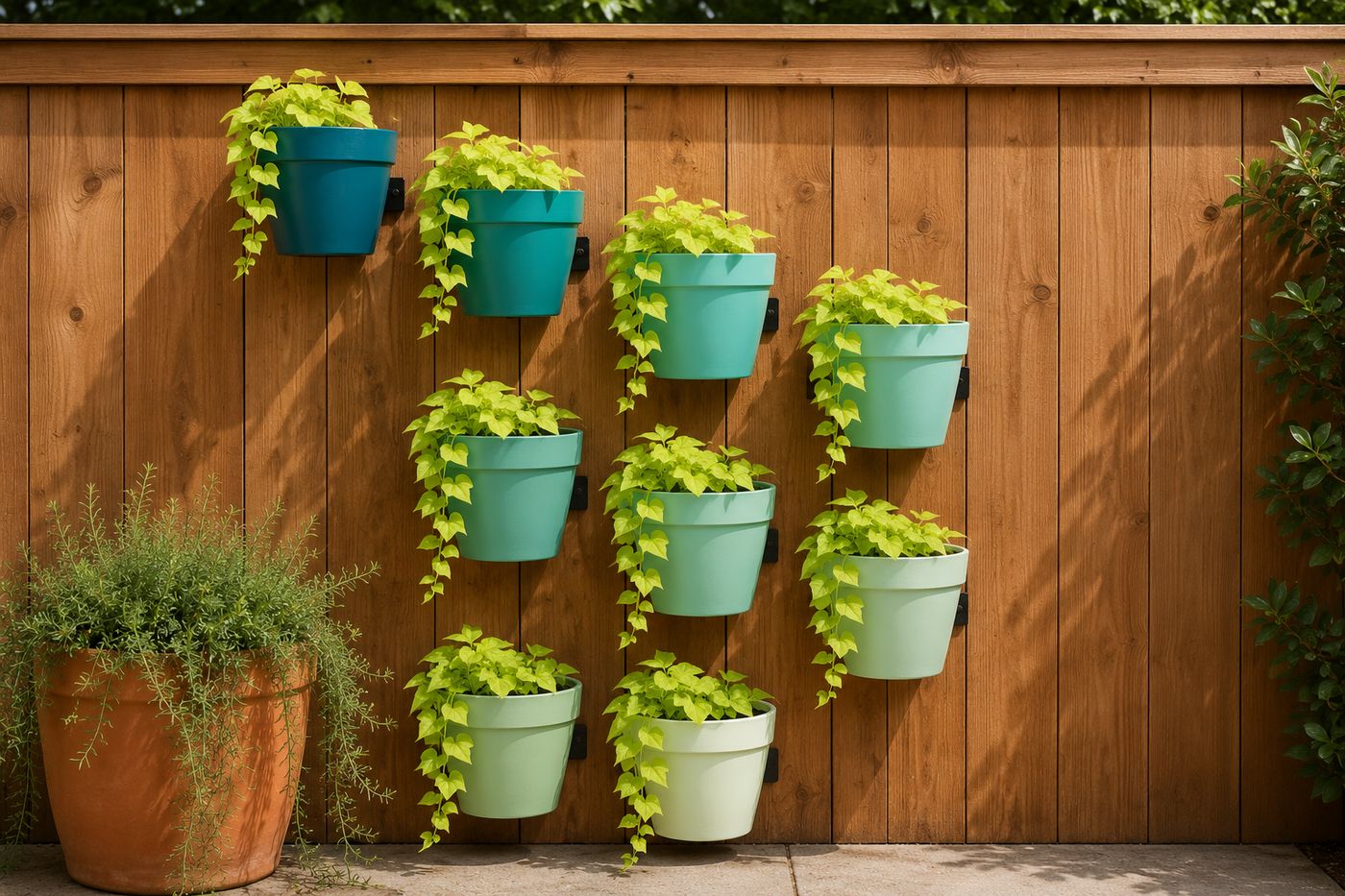 Nine identical terracotta pots mounted in a diagonal grid on a wooden fence, painted in a precise ombré gradient from deep teal at the top left through mid teal to pale mint at the bottom right, each planted with matching trailing sweet potato vine creating a living color installation