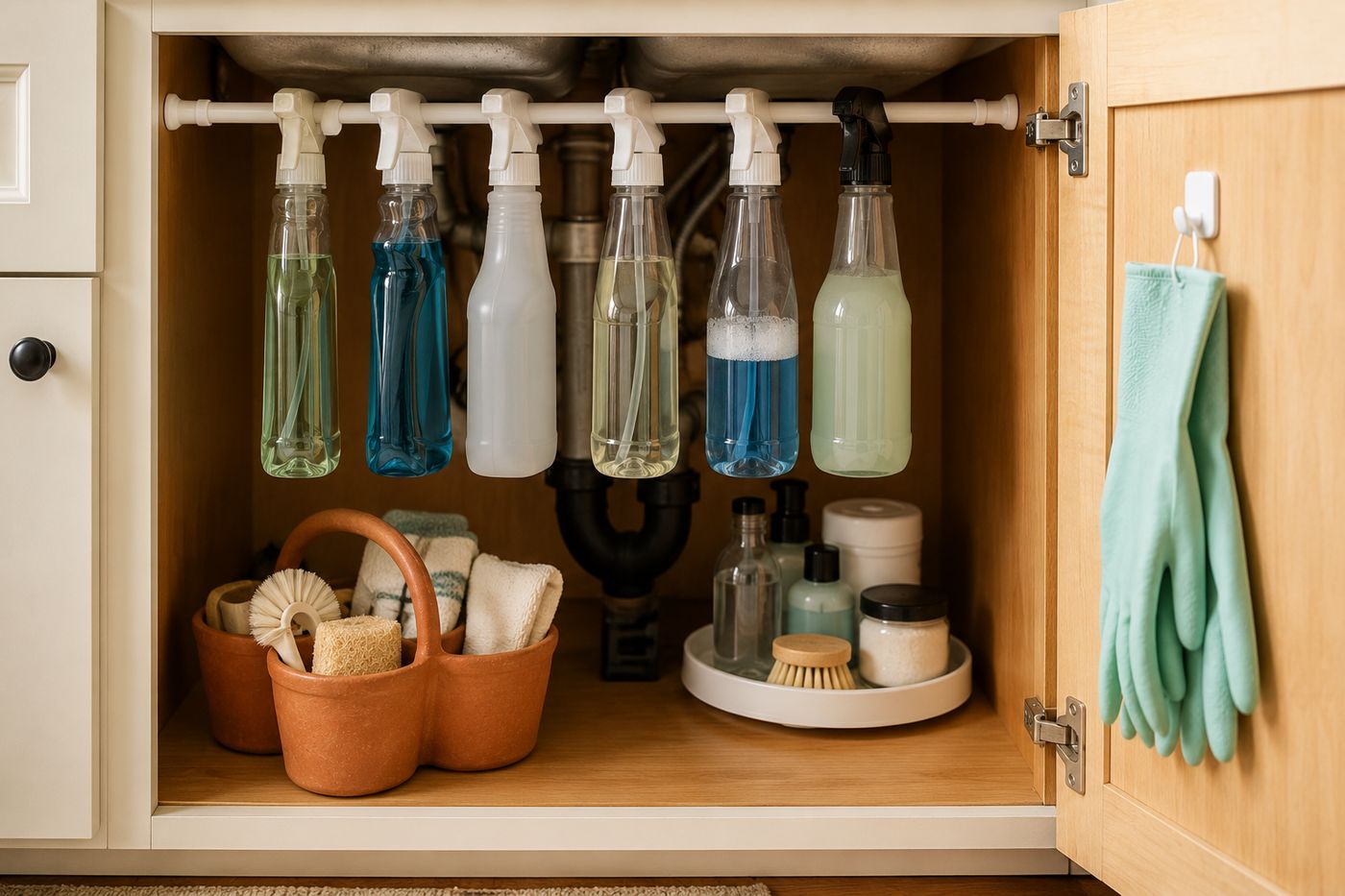 Organized under-sink kitchen cabinet with spray bottles hanging from a tension rod, a lazy Susan for small items, and a caddy of cleaning supplies