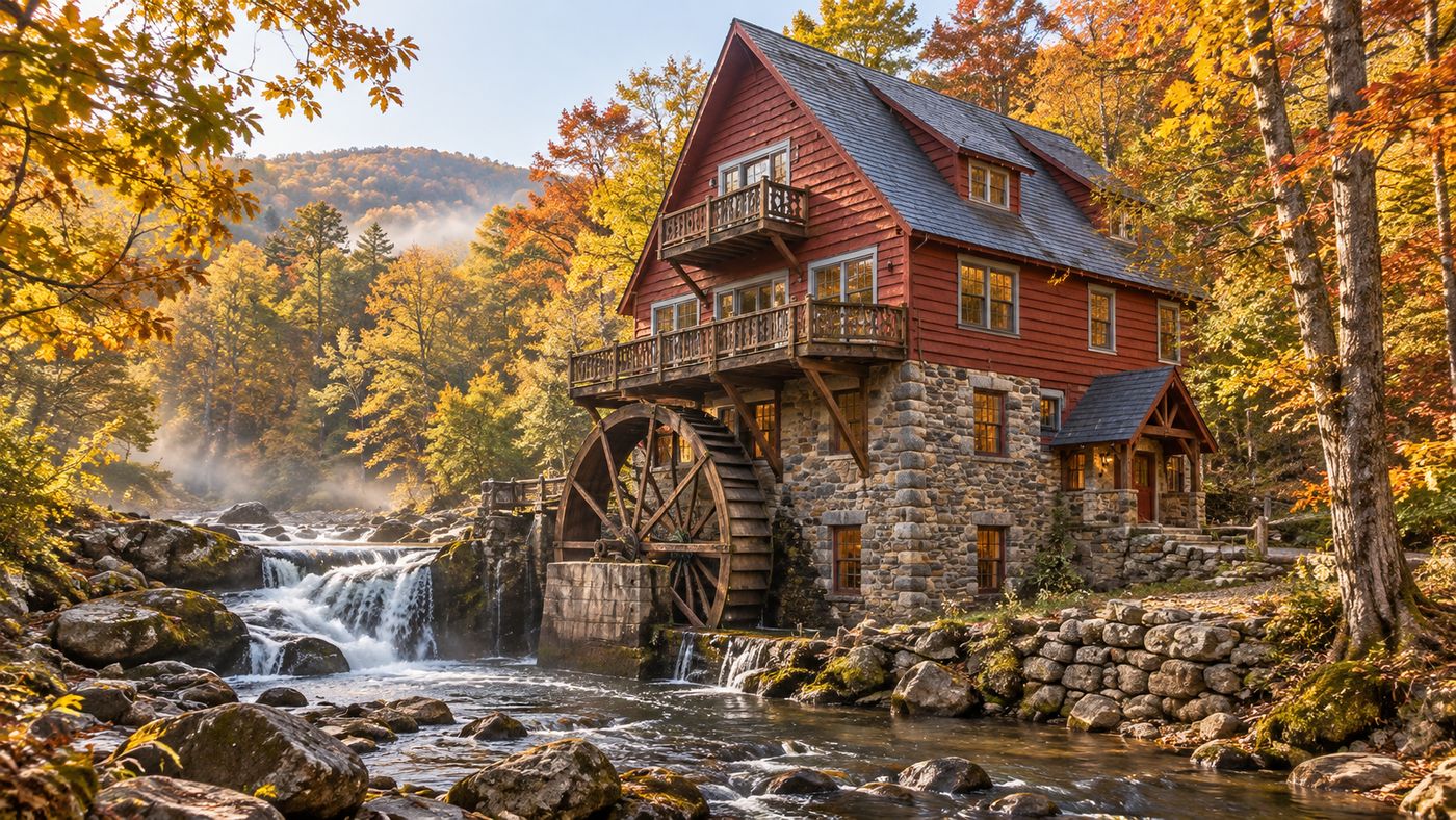 A historic stone and wood mill converted into a home beside a creek in Virginia's Shenandoah Valley