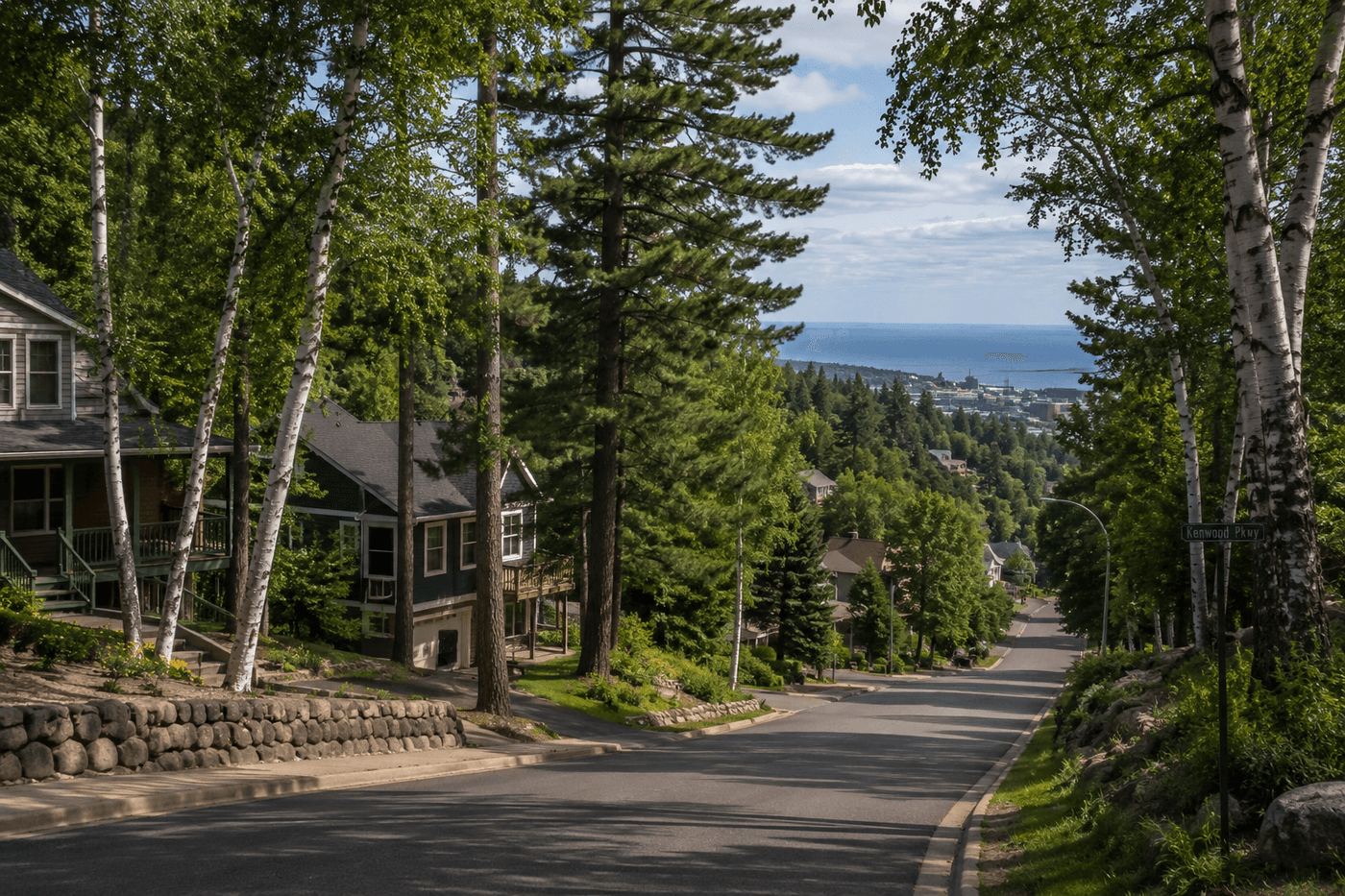 A wooded residential street in the Kenwood neighborhood of Duluth, Minnesota, with mature birch and pine trees and the city's hillside terrain.