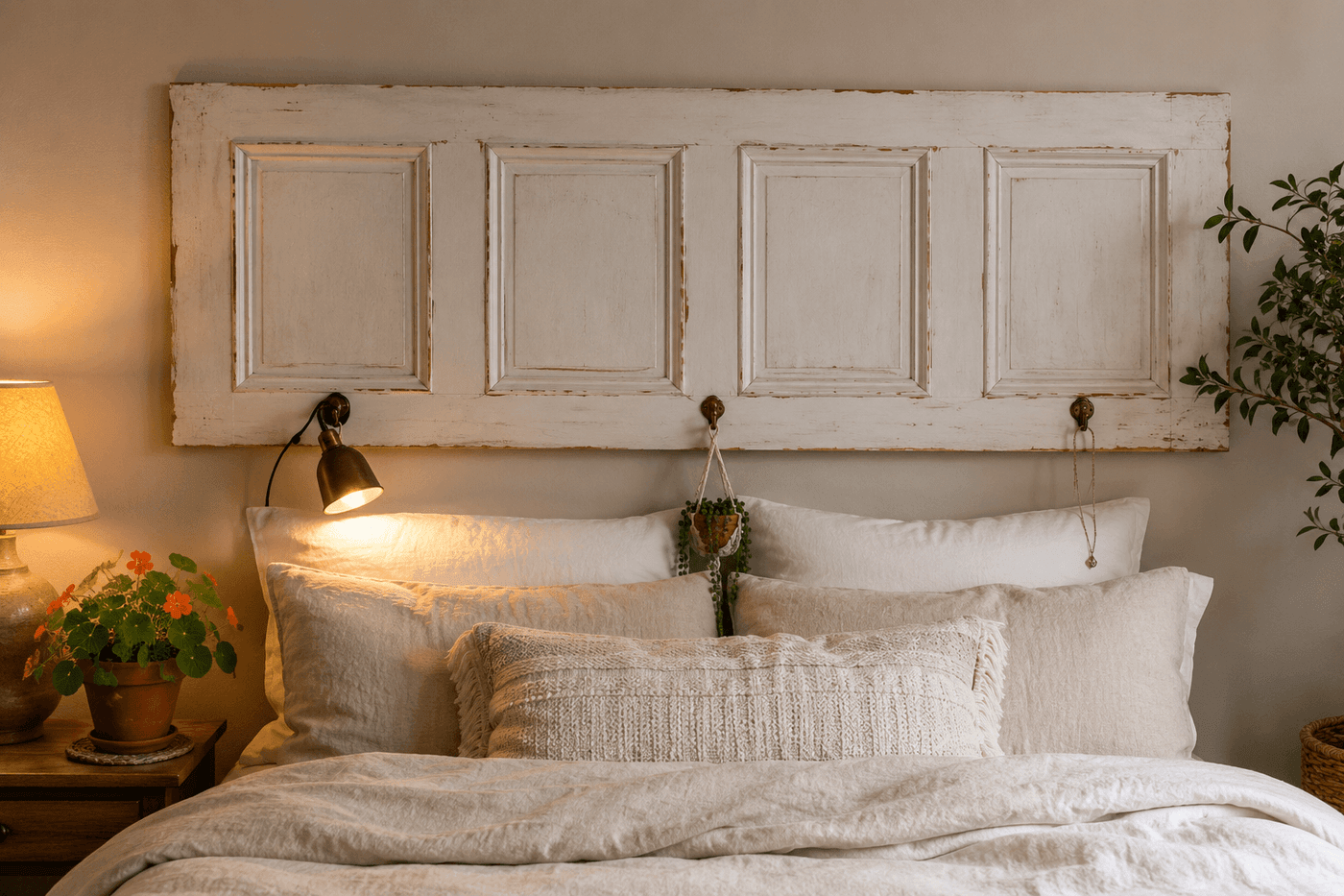 A vintage paneled door painted in distressed white mounted horizontally on a bedroom wall as a headboard behind a linen-dressed bed with original door hardware repurposed as decorative hooks along the bottom edge