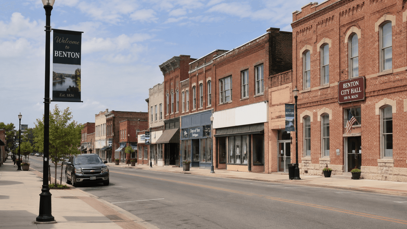 A quiet main street in Benton, Illinois, a small city in Franklin County in Southern Illinois, with brick commercial buildings and wide sidewalks.