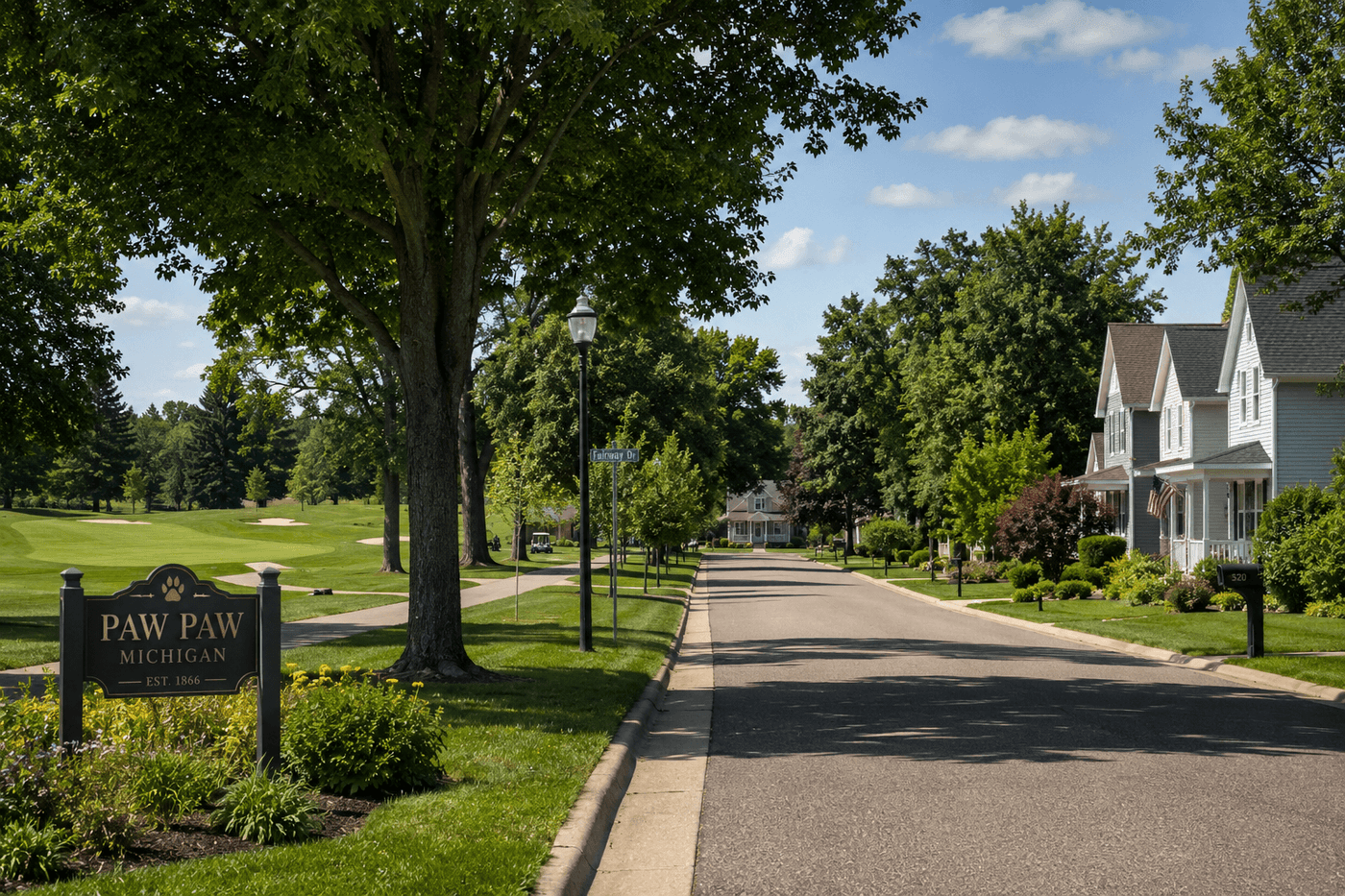 A quiet residential street near a golf course in Paw Paw, Michigan, a small town in Van Buren County near Lake Michigan.