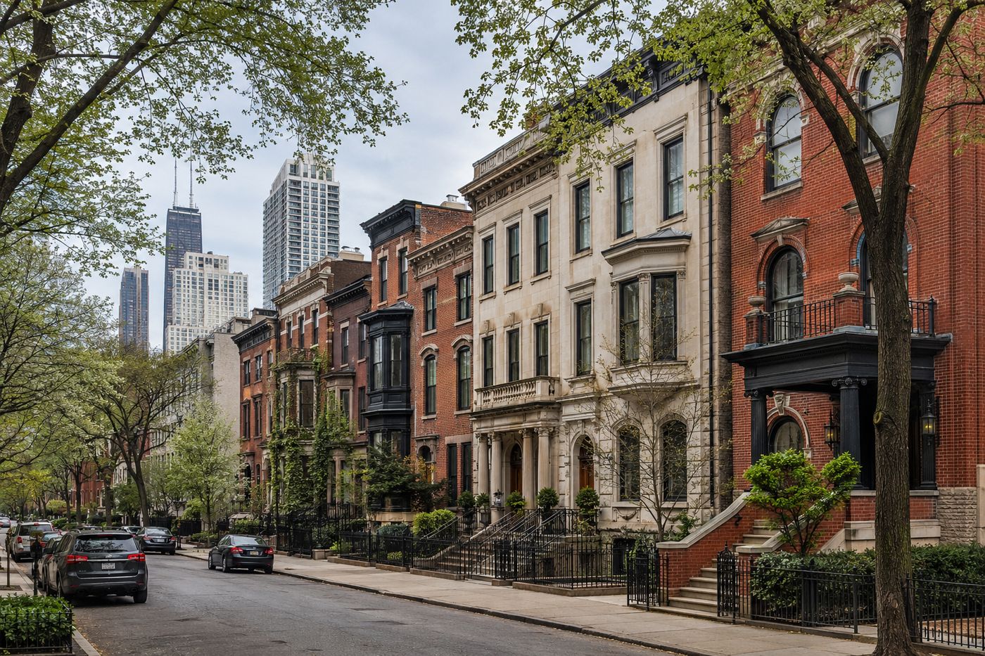 Historic red brick and limestone mansion facade on Astor Street in Chicago's Gold Coast