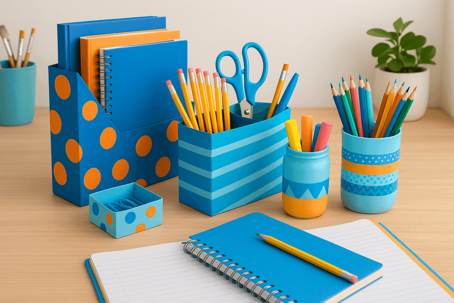 Bright organized desk with colorful DIY organizers made from recycled materials creating an efficient and cheerful study space