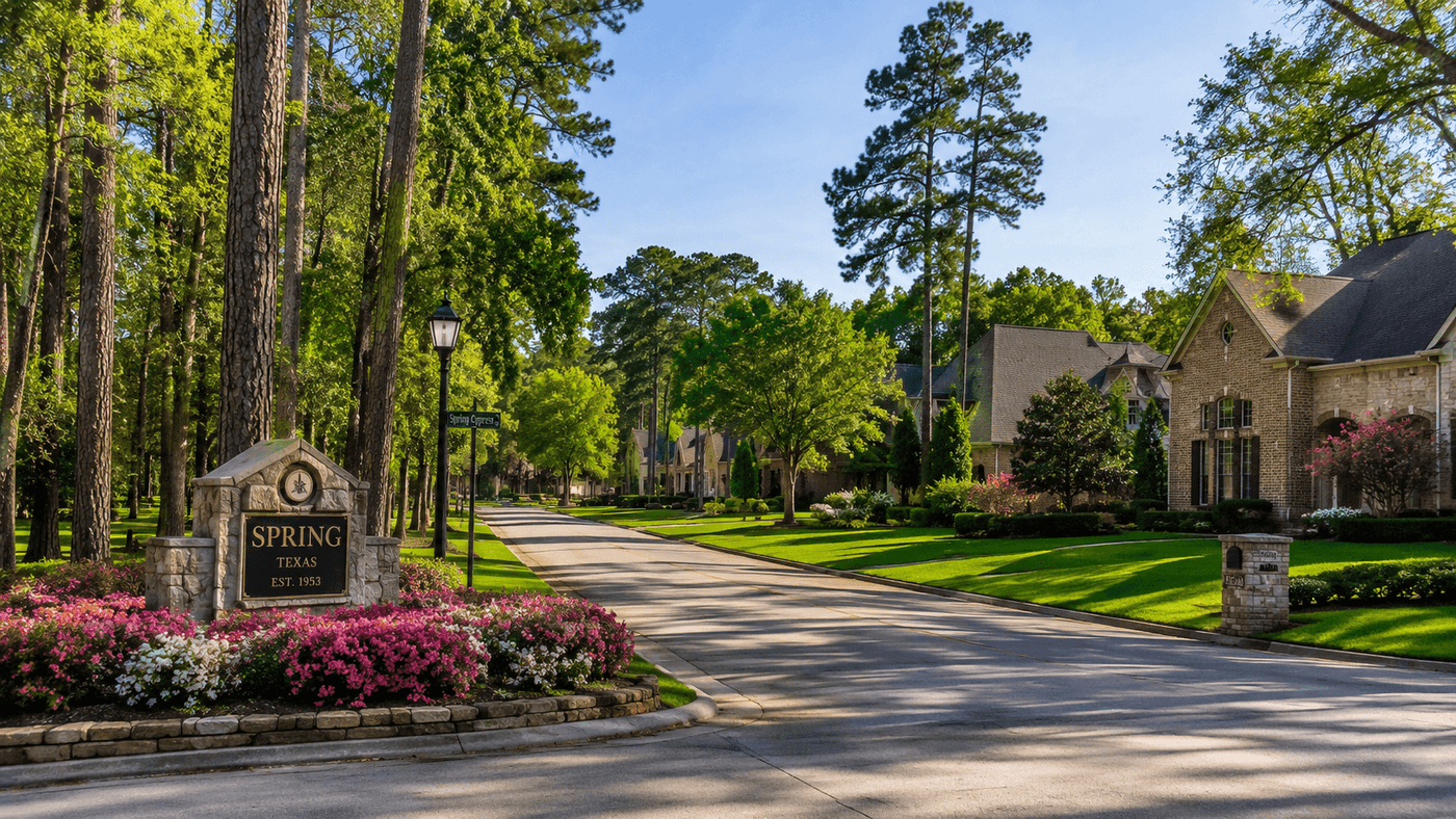 A suburban street in Spring, Texas, a community north of Houston in Harris County, with large residential properties and mature trees.