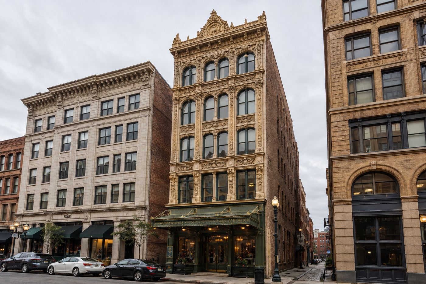 Ornate wood-and-glass storefront of the Cosmopolitan building at 1112 Olive St in downtown St. Louis