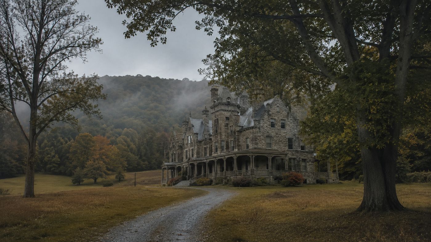 Rolling wooded countryside and stone estate buildings in Millbrook, New York's Dutchess County