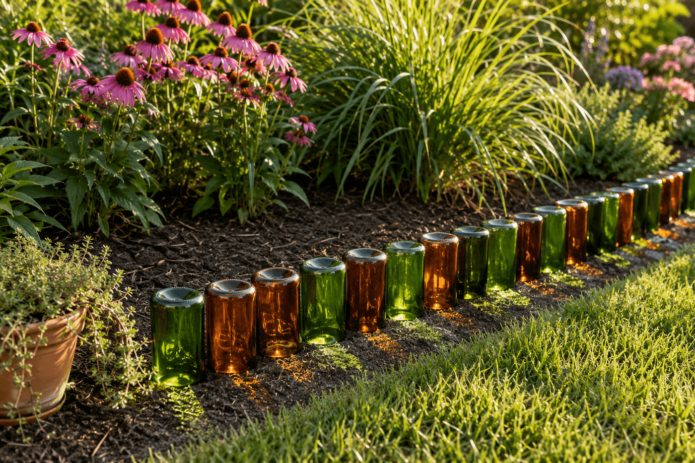 Garden bed edging made from upside-down green and amber wine bottles nestled neck-deep into soil along a curved garden border, their rounded bottle bottoms forming a scalloped colorful border that catches afternoon sunlight