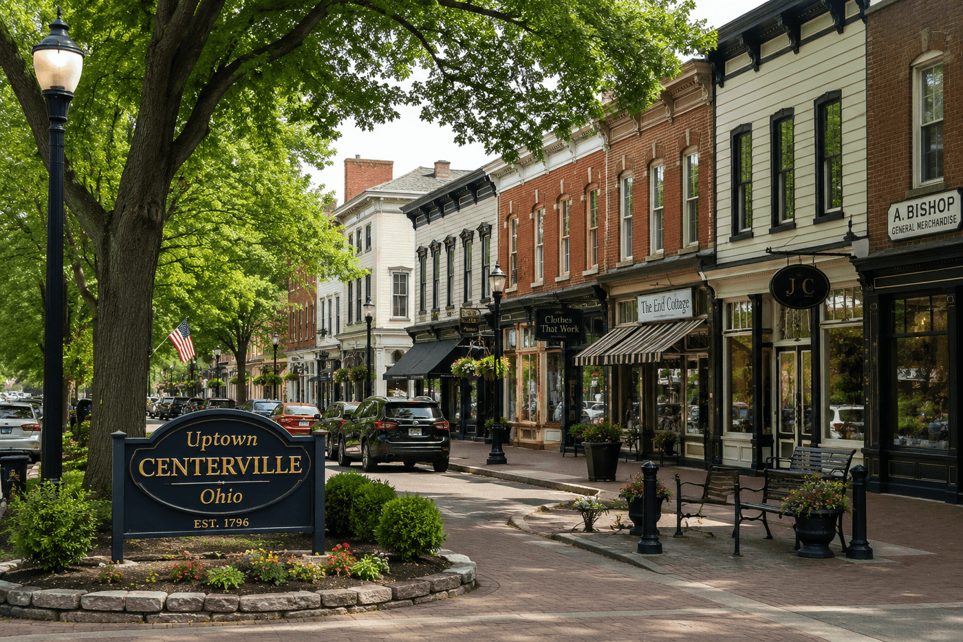 Uptown Centerville, Ohio, a historic village center in Montgomery County with preserved 19th-century storefronts and mature street trees.
