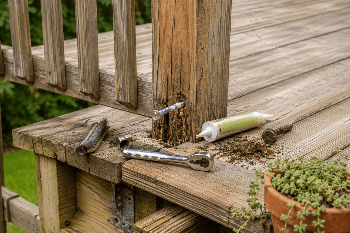 Deck railing post repair in progress showing a stainless steel carriage bolt being driven through a post into the deck frame with a socket wrench, rust debris cleared from the surrounding area