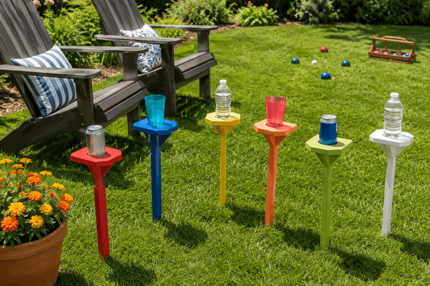 Set of six colorful wooden drink holder stakes in different painted colors pushed into a green lawn beside outdoor chairs, each holding a beverage can or cup securely in the drilled platform hole