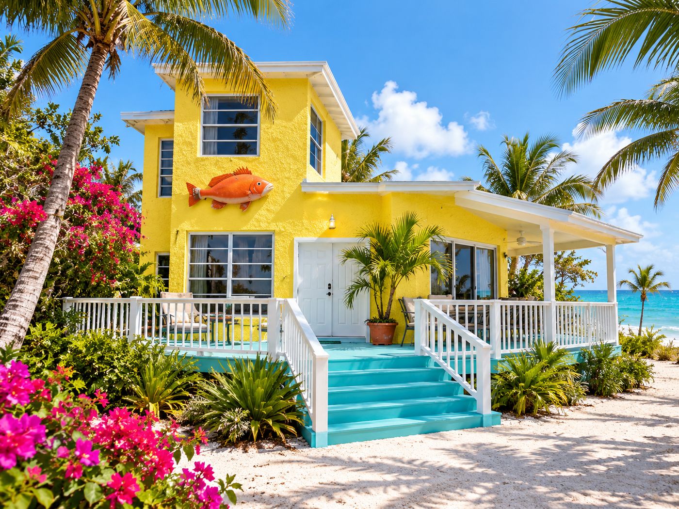 A colorful two-story beach house near the Atlantic shoreline in Key West, Florida