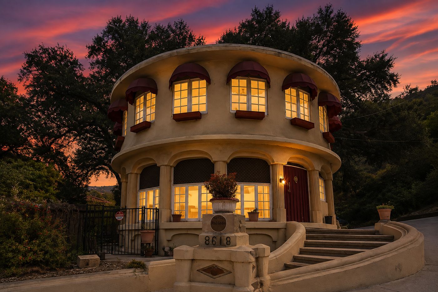 A two-story round house with arched windows and burgundy awnings glowing at dusk in La Tuna Canyon, Sun Valley, California