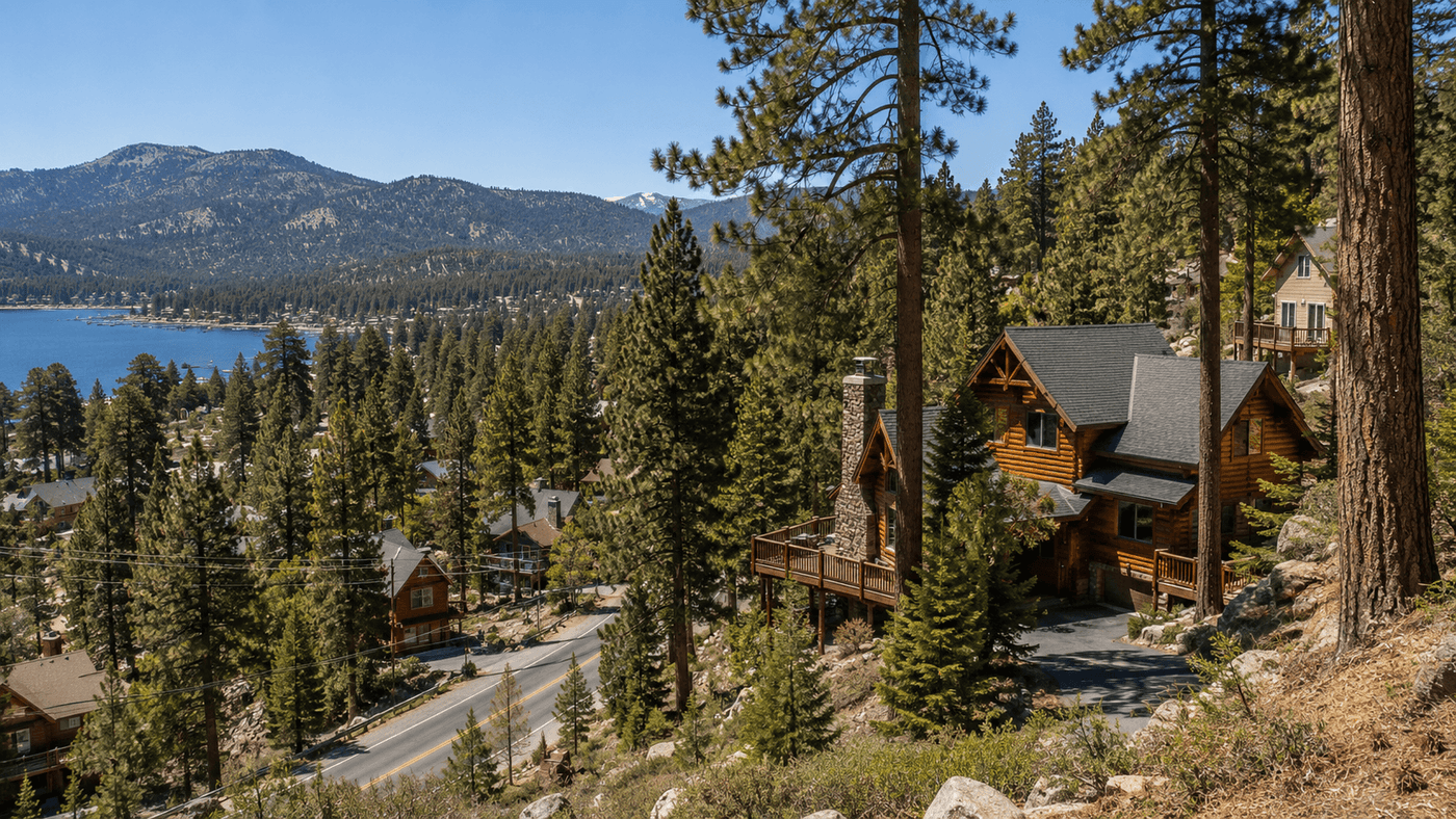 A pine-forested hillside neighborhood in Big Bear Lake, California, with mountain cabins nestled among towering ponderosa pines.