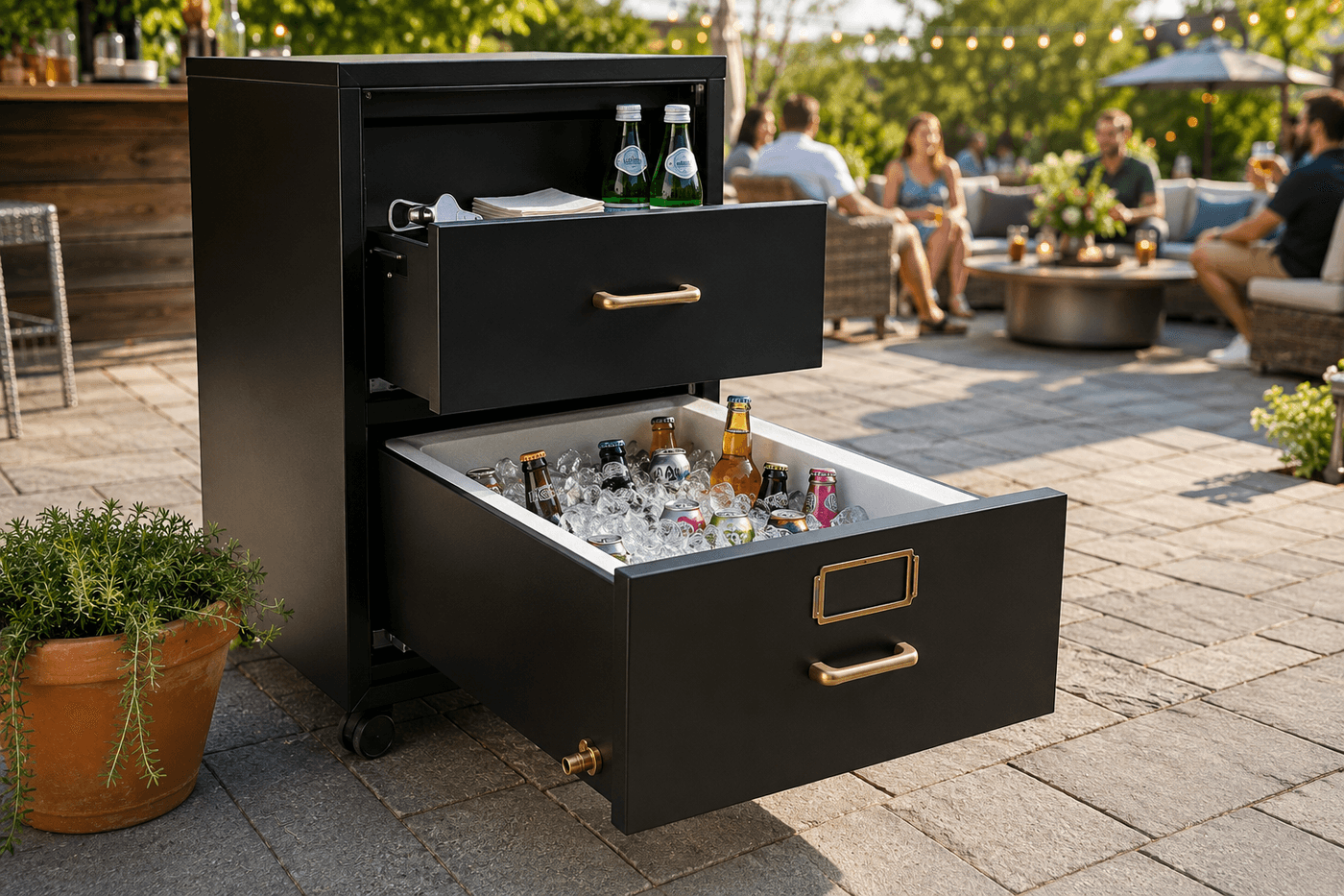 Matte black spray-painted two-drawer filing cabinet converted into a rolling outdoor ice chest with the bottom drawer open showing ice and beverages, a brass drain fitting visible at the drawer base, and a BEVERAGES label on the drawer front at a sunny patio party