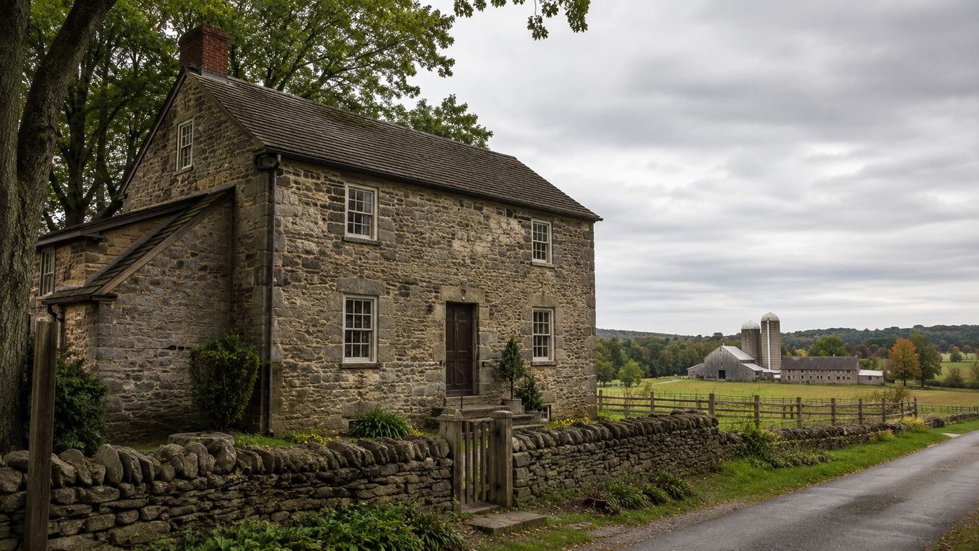 Rolling pastoral farmland and preserved historic stone buildings in Bucks County, Pennsylvania