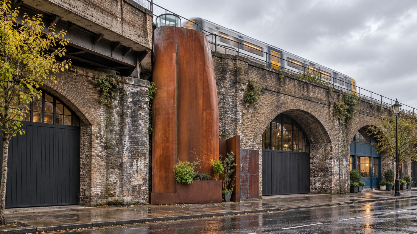 A narrow home clad in rust-colored weathering steel built into the brick arches of a railway viaduct in south London