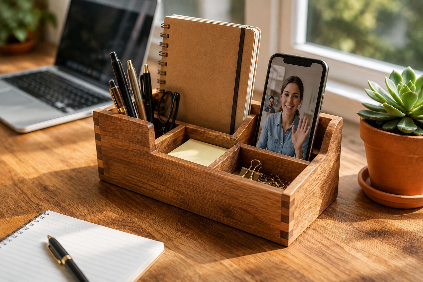 A simple wooden desktop organizer with varied compartments holding pens, notebooks, and a phone stand, on a home office desk