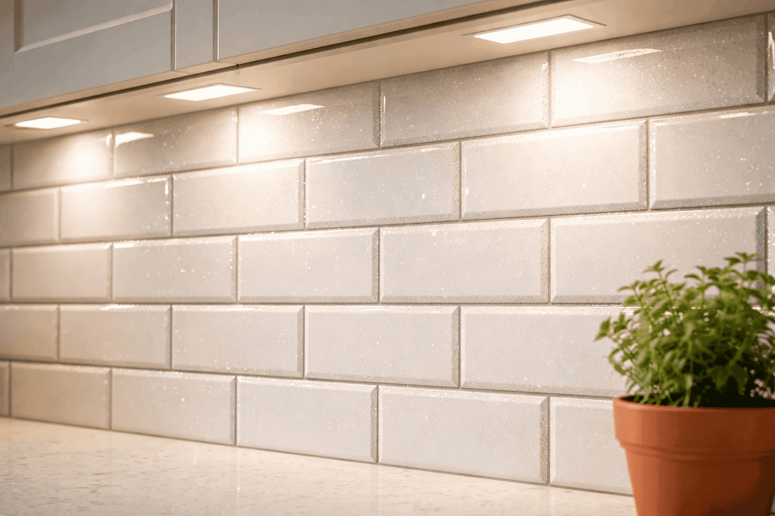 Close-up of white subway tile backsplash with silver glitter-infused grout lines catching the light in a bright modern kitchen interior creating a subtle glamorous shimmer