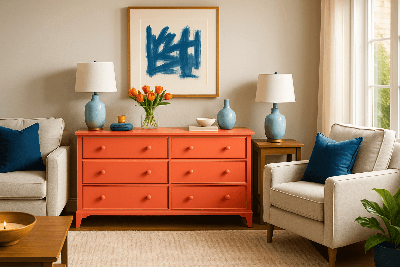 Neutral living room transformed by a vibrant coral pink painted dresser with coordinating turquoise and orange accessories