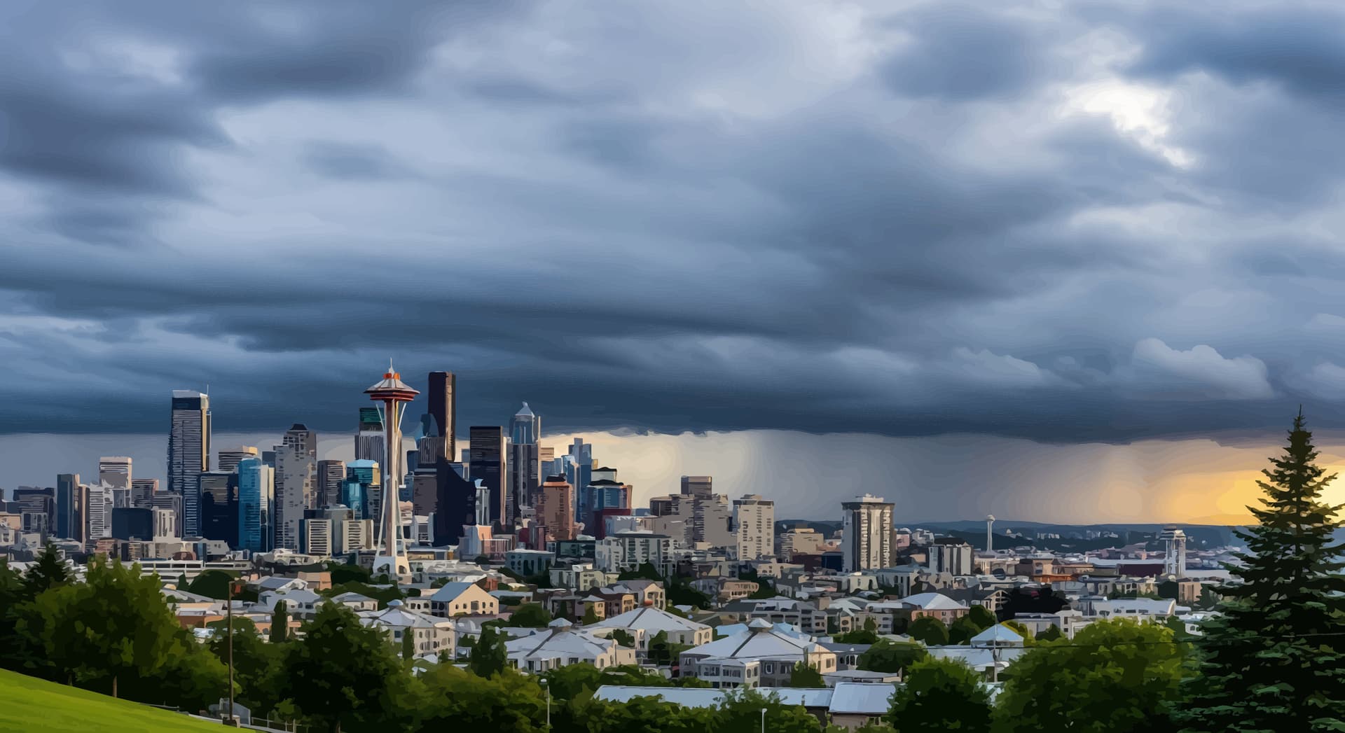 A scenic view of West Seattle's misty hillside neighborhood.