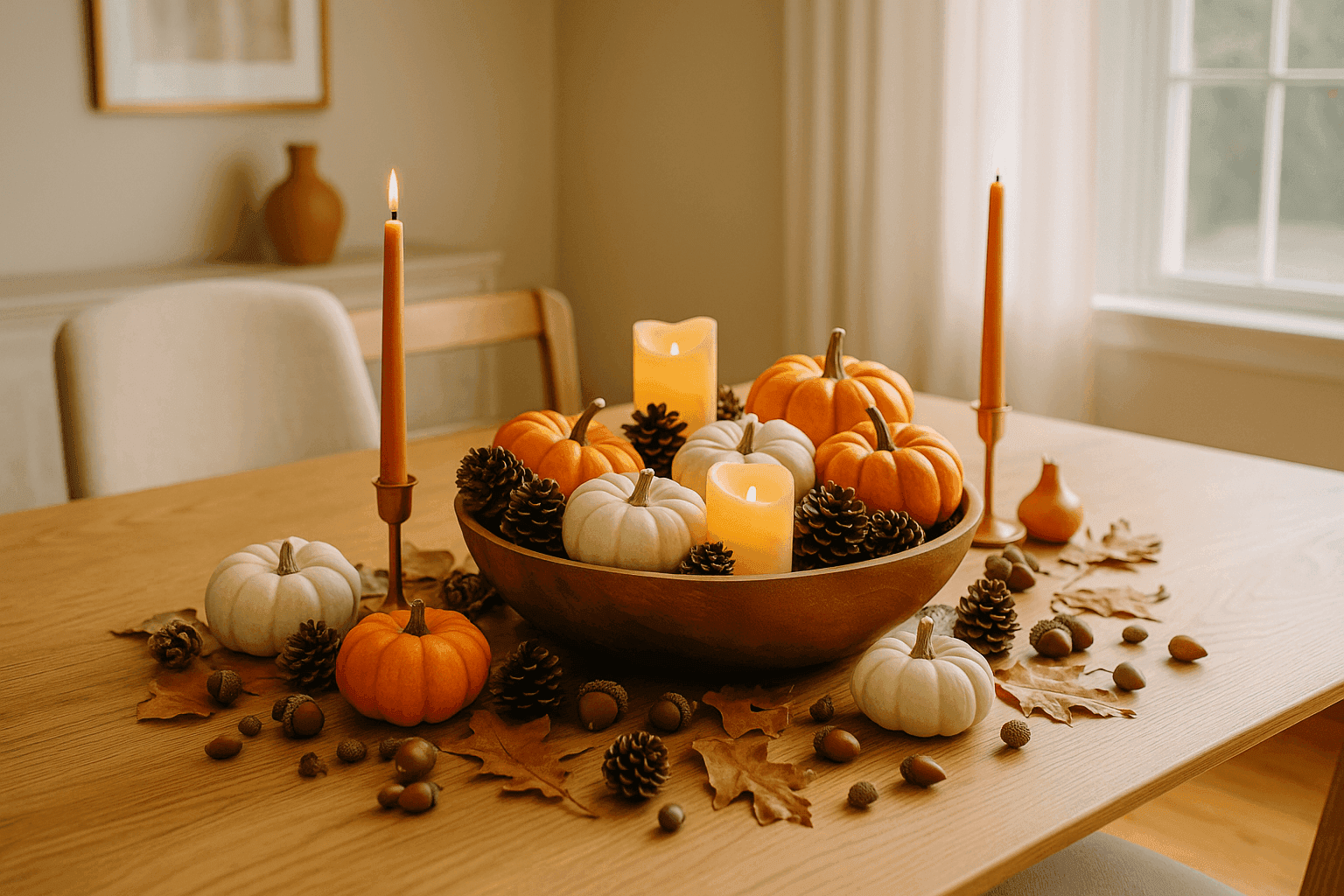 Elegant dining table with wooden bowl centerpiece filled with mini pumpkins, pinecones, and battery candles creating warm autumn ambiance