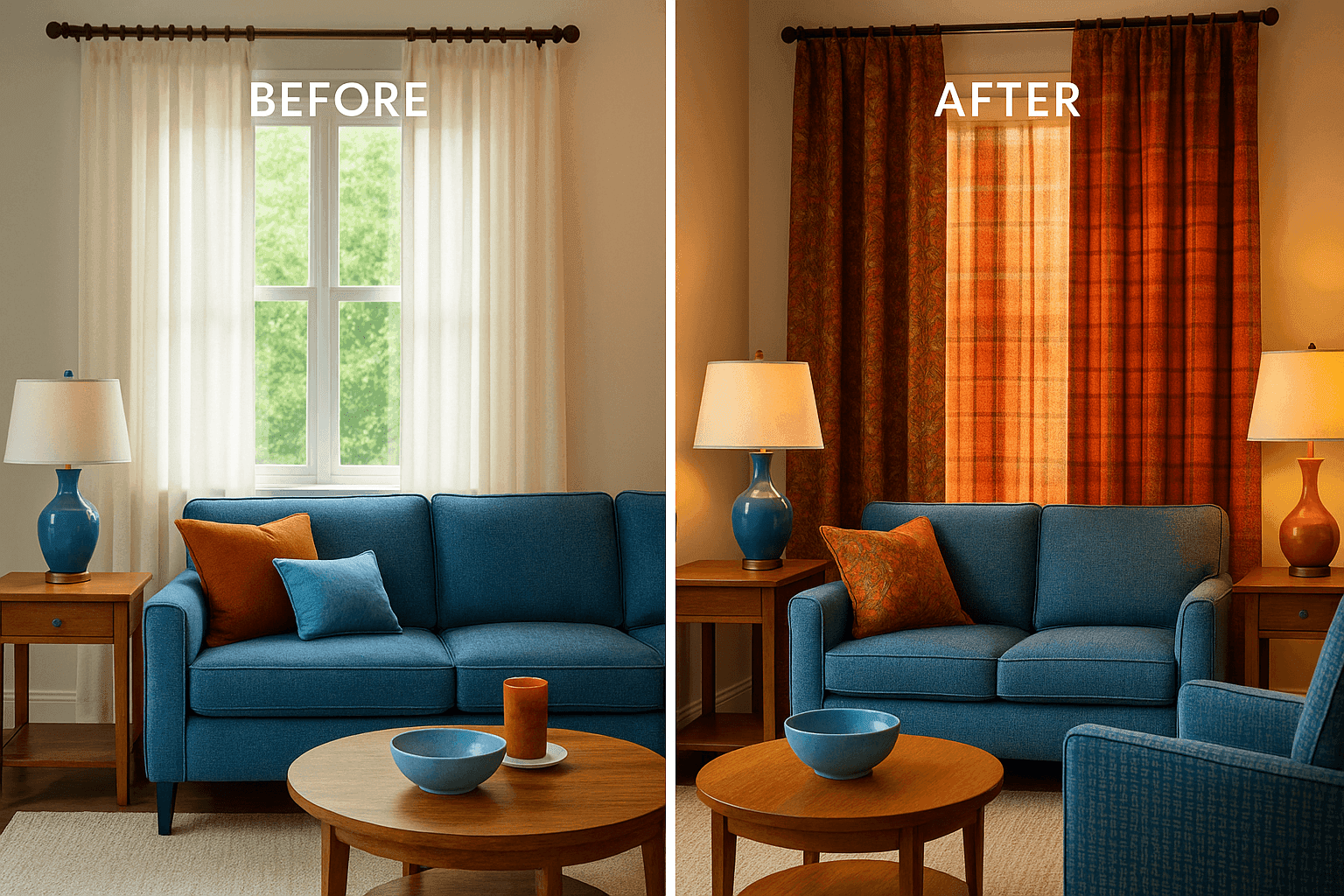 Living room transformation showing rich autumn curtains in tapestry and plaid patterns replacing light summer panels for seasonal warmth