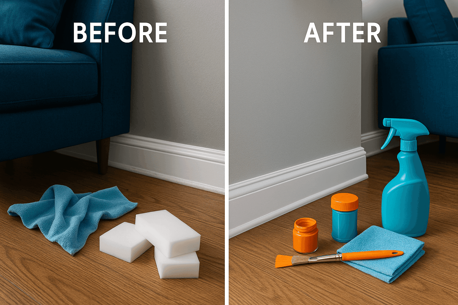 Before and after comparison of room with freshly cleaned and touched-up white baseboards showing dramatic improvement