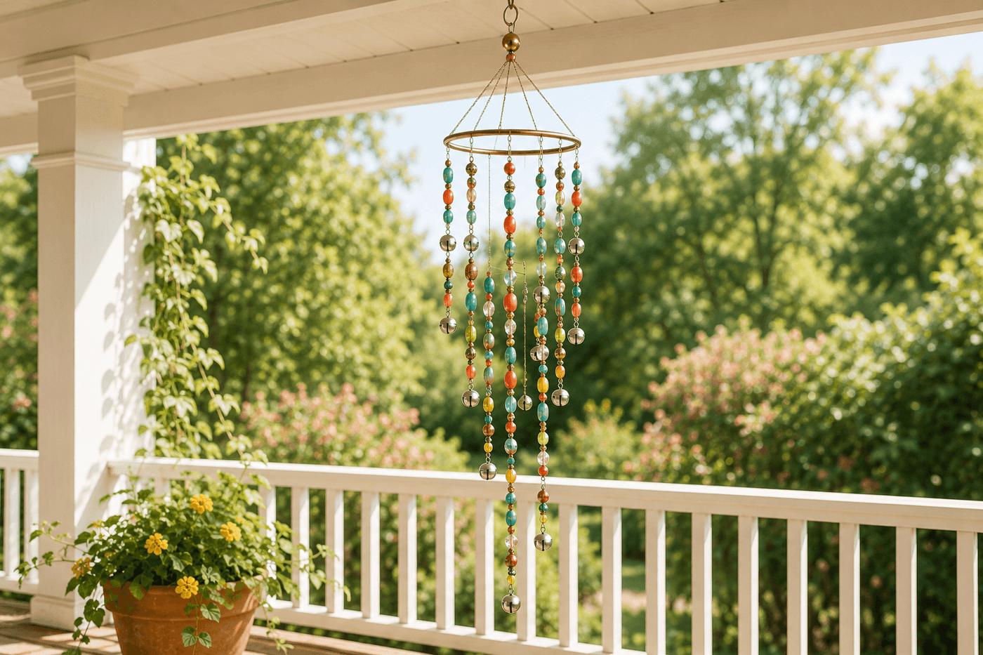 Colorful handmade beaded wind chime hanging on a sunny porch, showing a metal ring with eight beaded strands of varying lengths in turquoise, coral, and gold beads with small silver bells at intervals, swaying gently