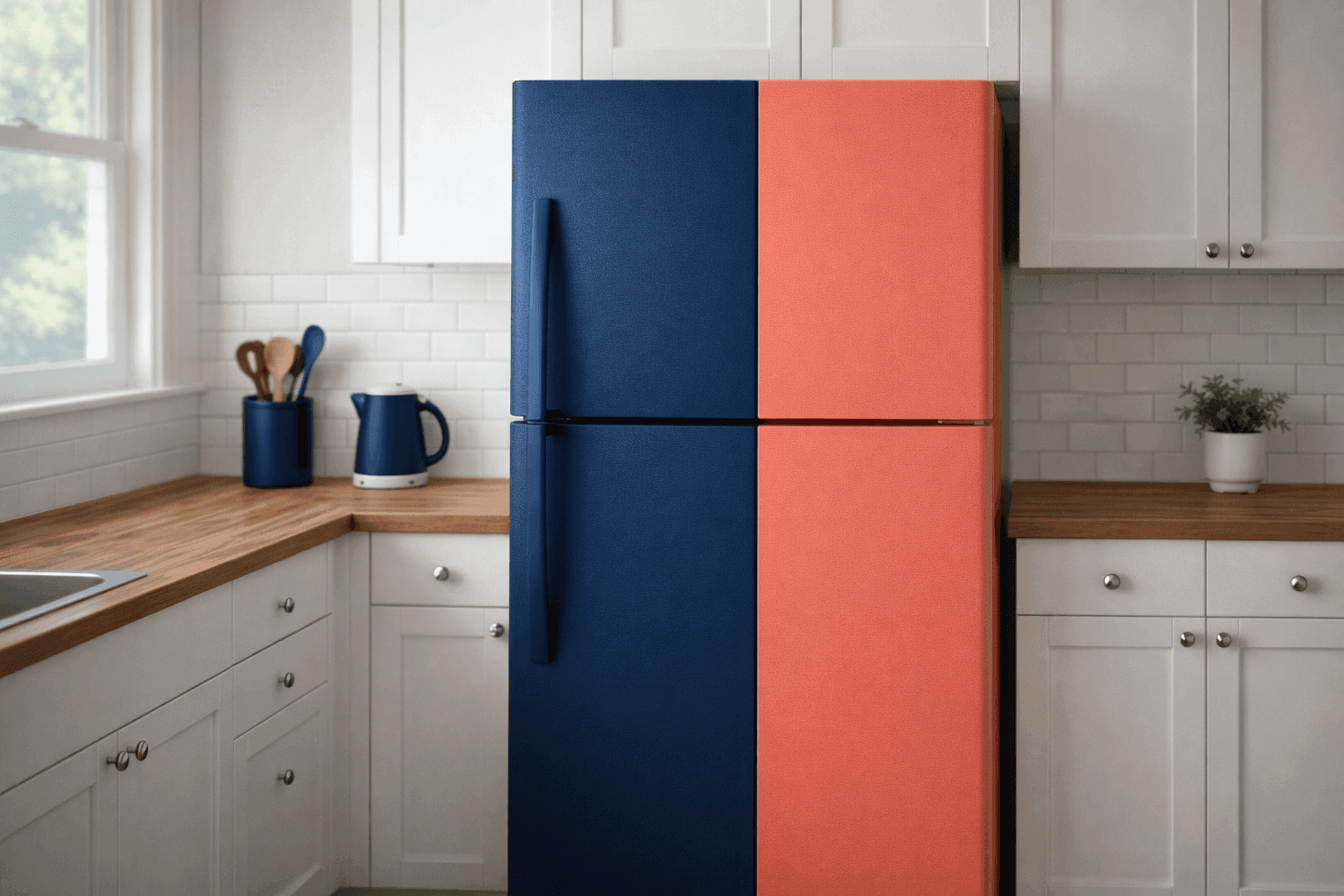 Modern kitchen with color-blocked refrigerator featuring bold geometric vinyl design in contrasting colors as statement piece