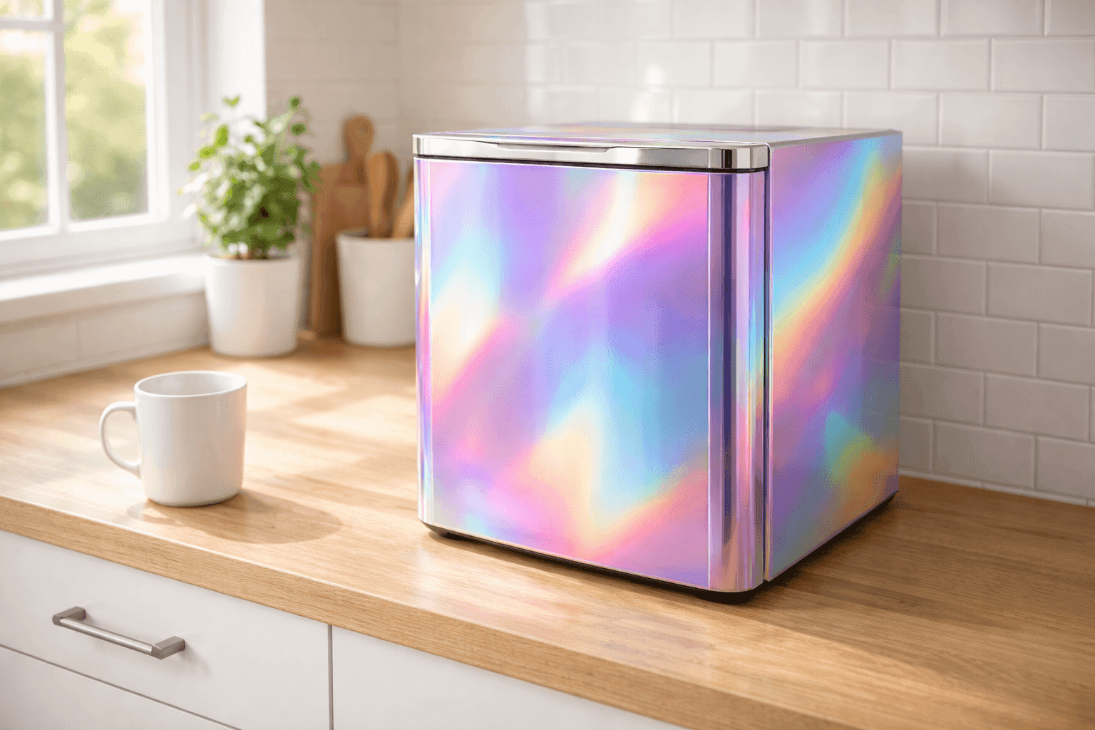 Modern kitchen with mini fridge wrapped in holographic vinyl showing rainbow color shift effects in bright natural light