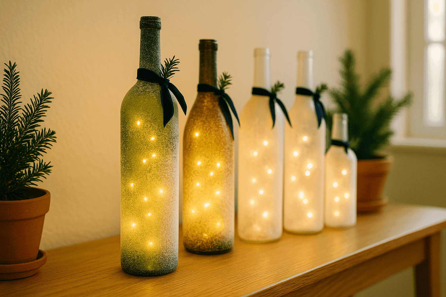 Frosted wine bottles filled with fairy lights creating elegant glowing luminaries on holiday table display