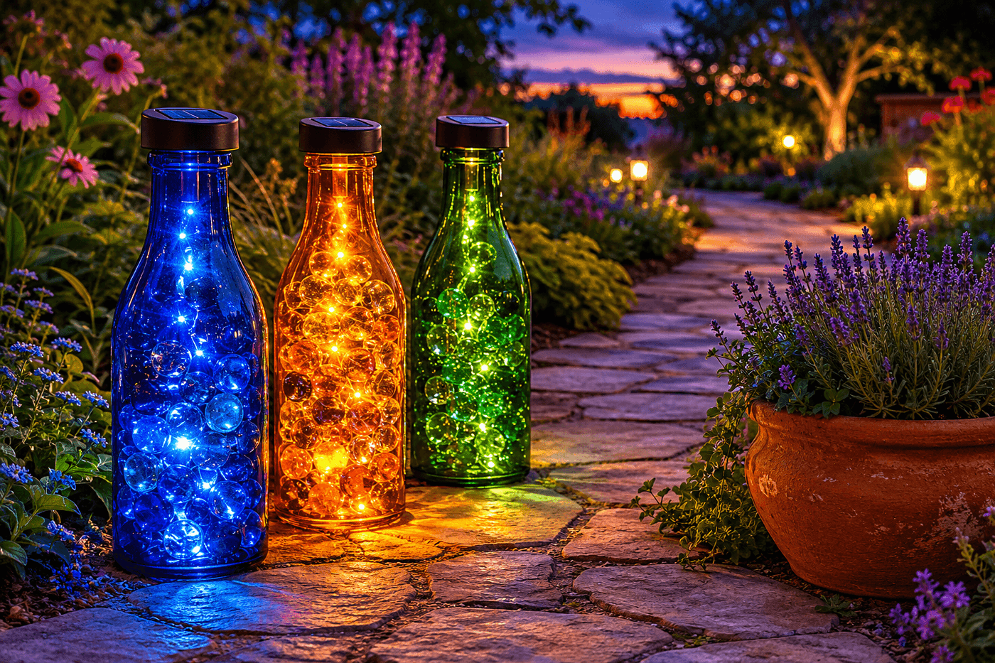 Three glowing colored glass bottles — cobalt blue, amber, and green — with solar stake lights lining a garden path at dusk, surrounded by lush plants