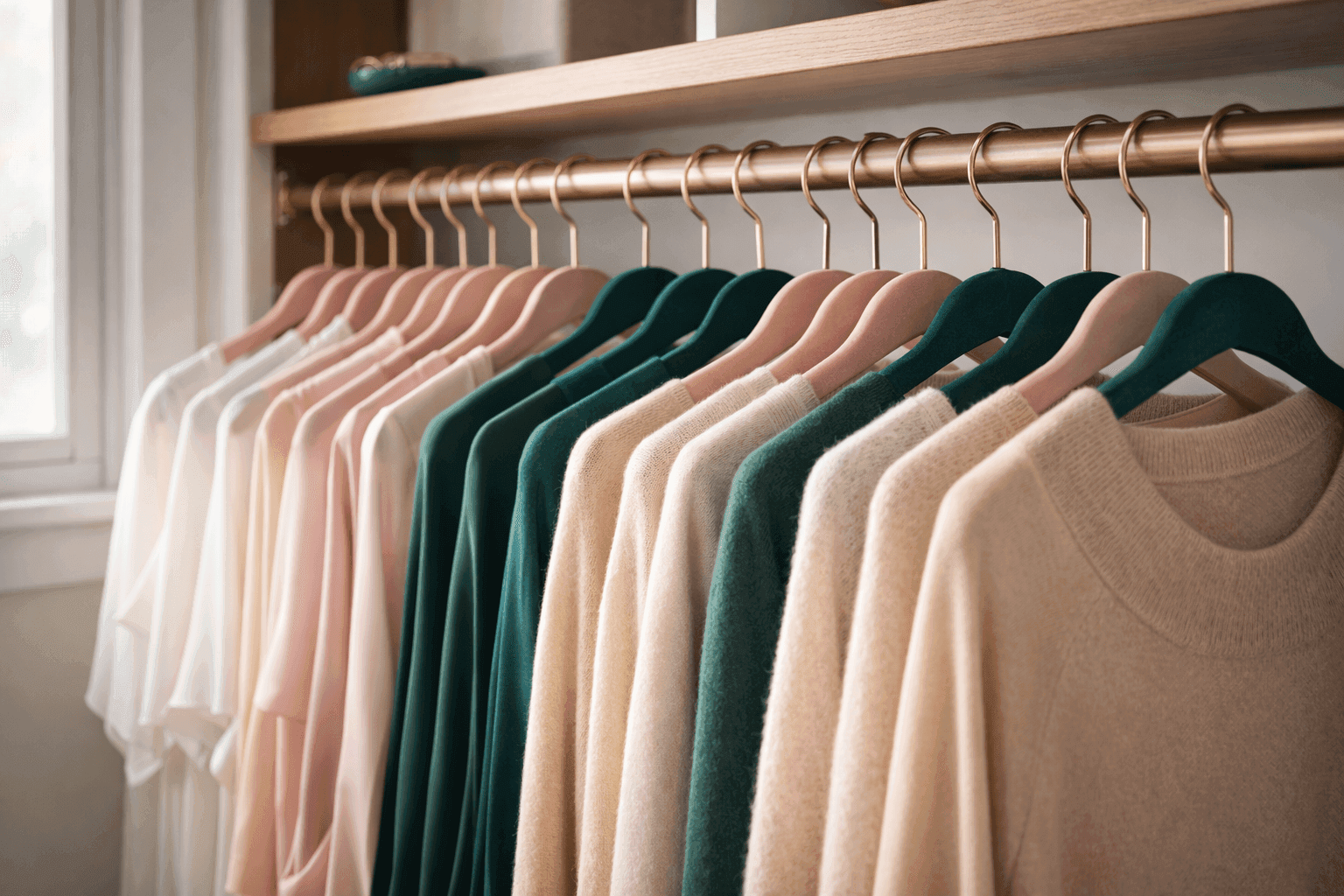 Elegant velvet-wrapped wooden hangers in blush pink and emerald green holding silk blouses in organized boutique-style closet